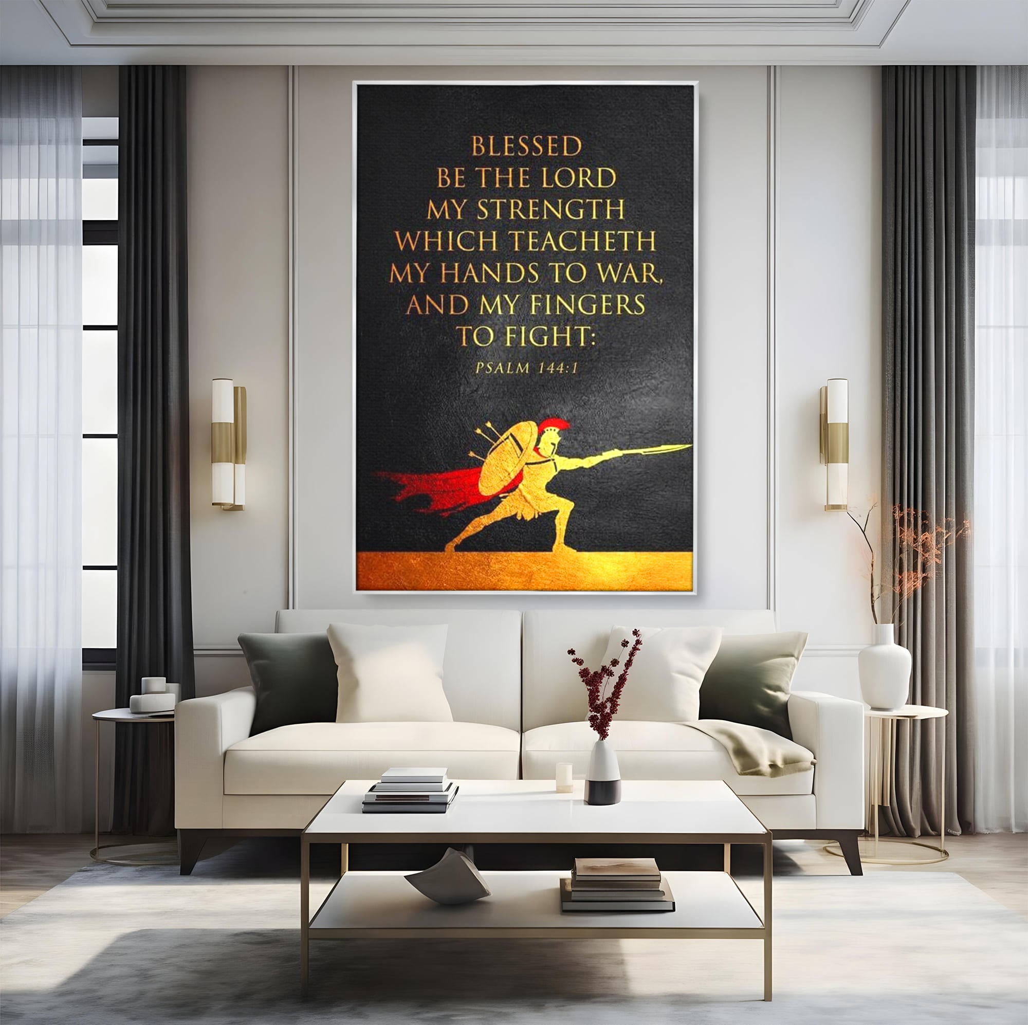 Tablou canvas cu tablou canvas cu razboinic antic si verset, in rama de aluminiu argintiu, pe perete intr-un living